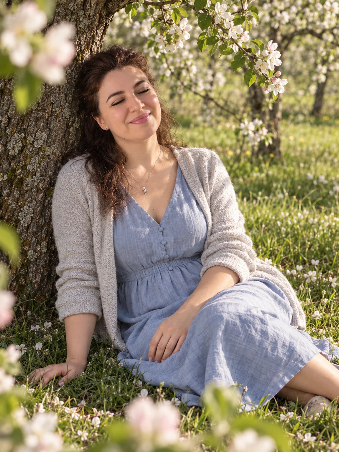 Stella Norsen resting under a blossoming apple tree