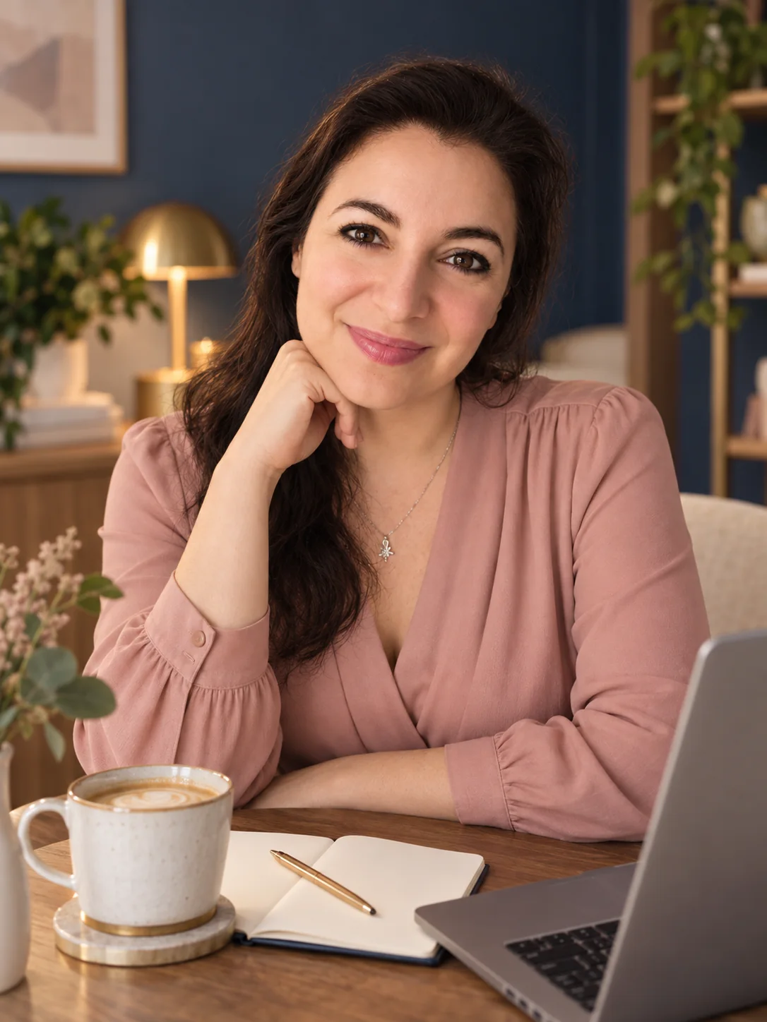 Stella Norsen at her desk, listening with a smile