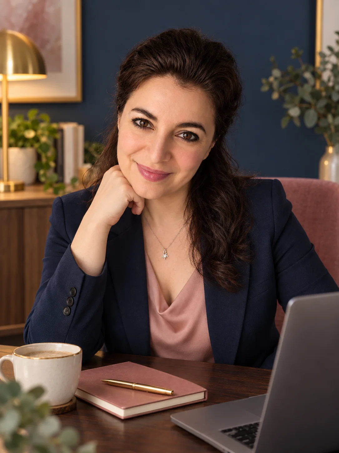 Stella Norsen at her desk with her laptop, a journal and a coffee