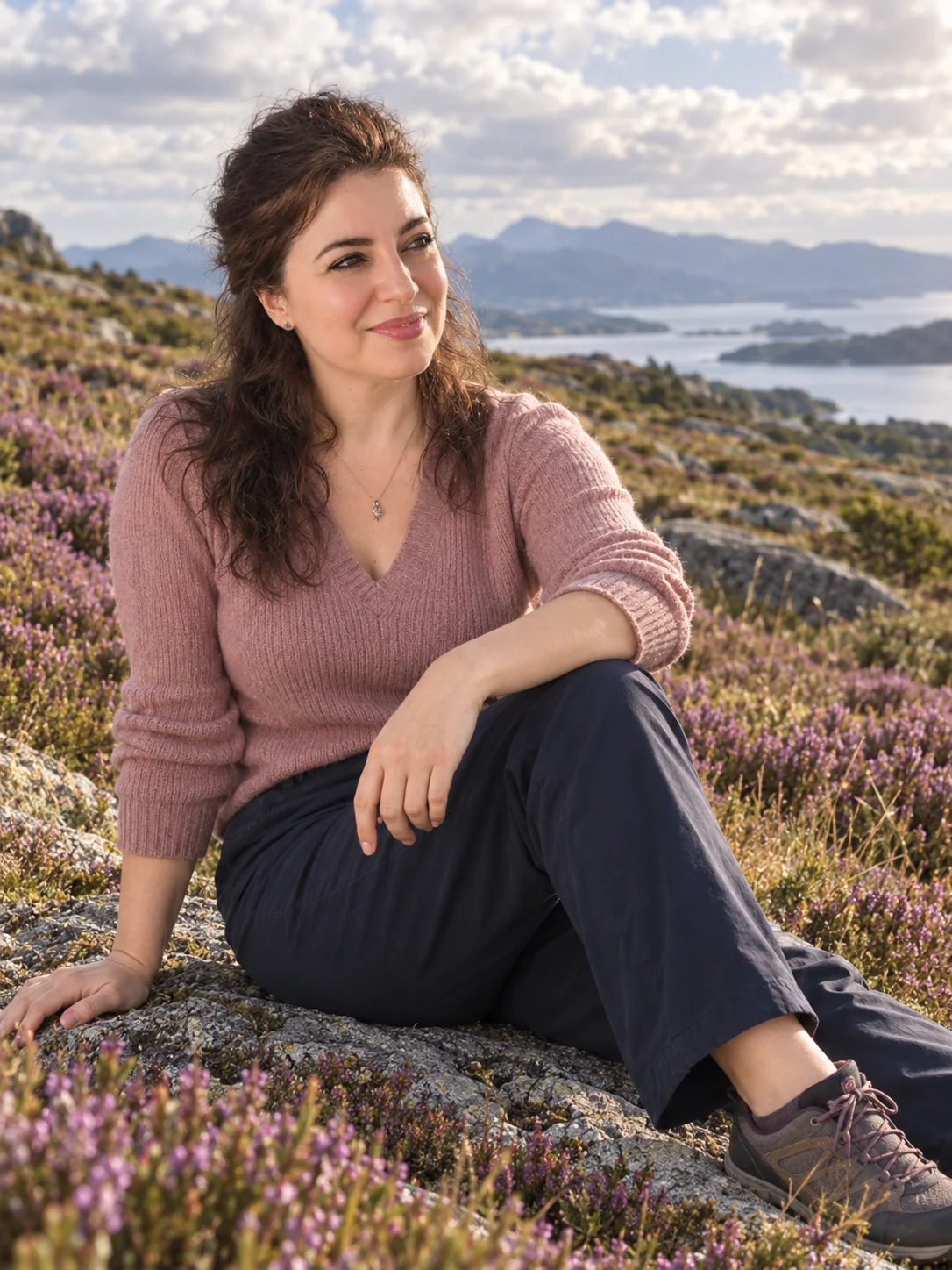 Stella Norsen sitting on a heather hillside above a fjord