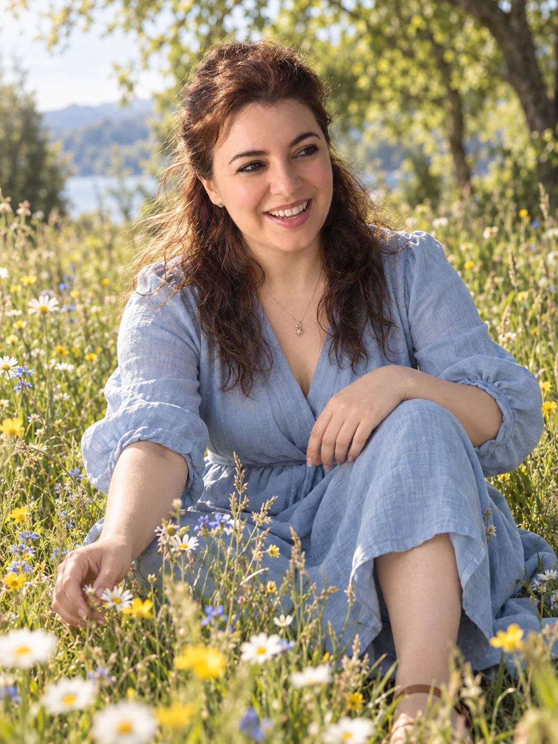Stella Norsen sitting in a wildflower meadow by the water