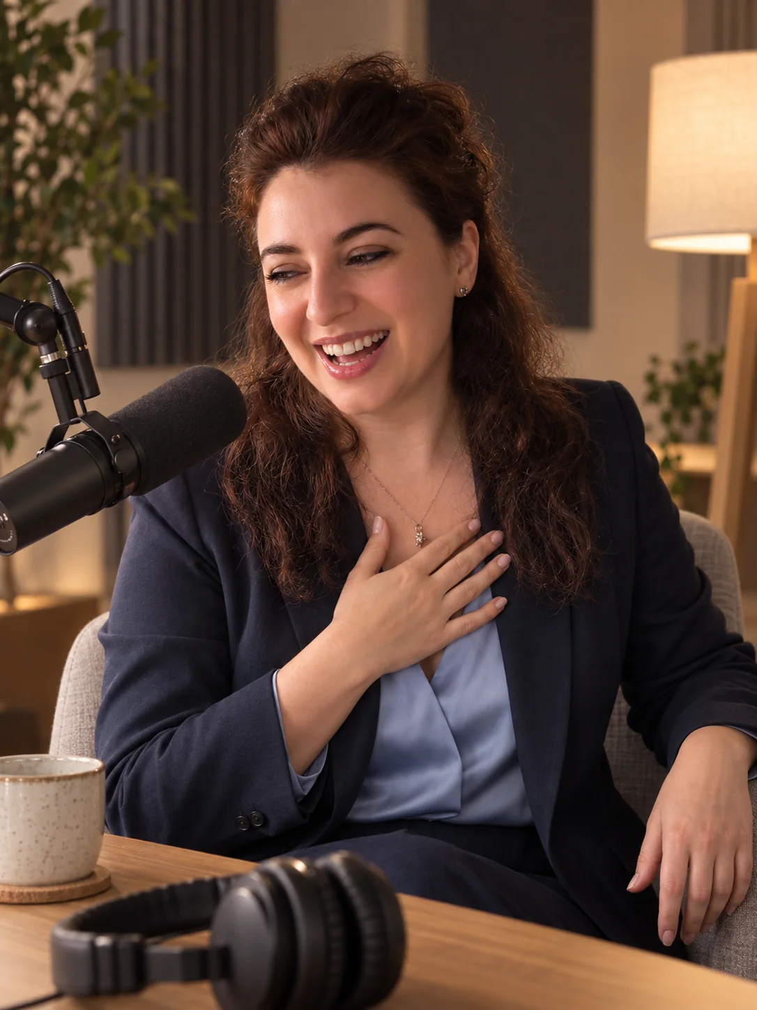 Stella Norsen laughing, hand on her heart, during a podcast