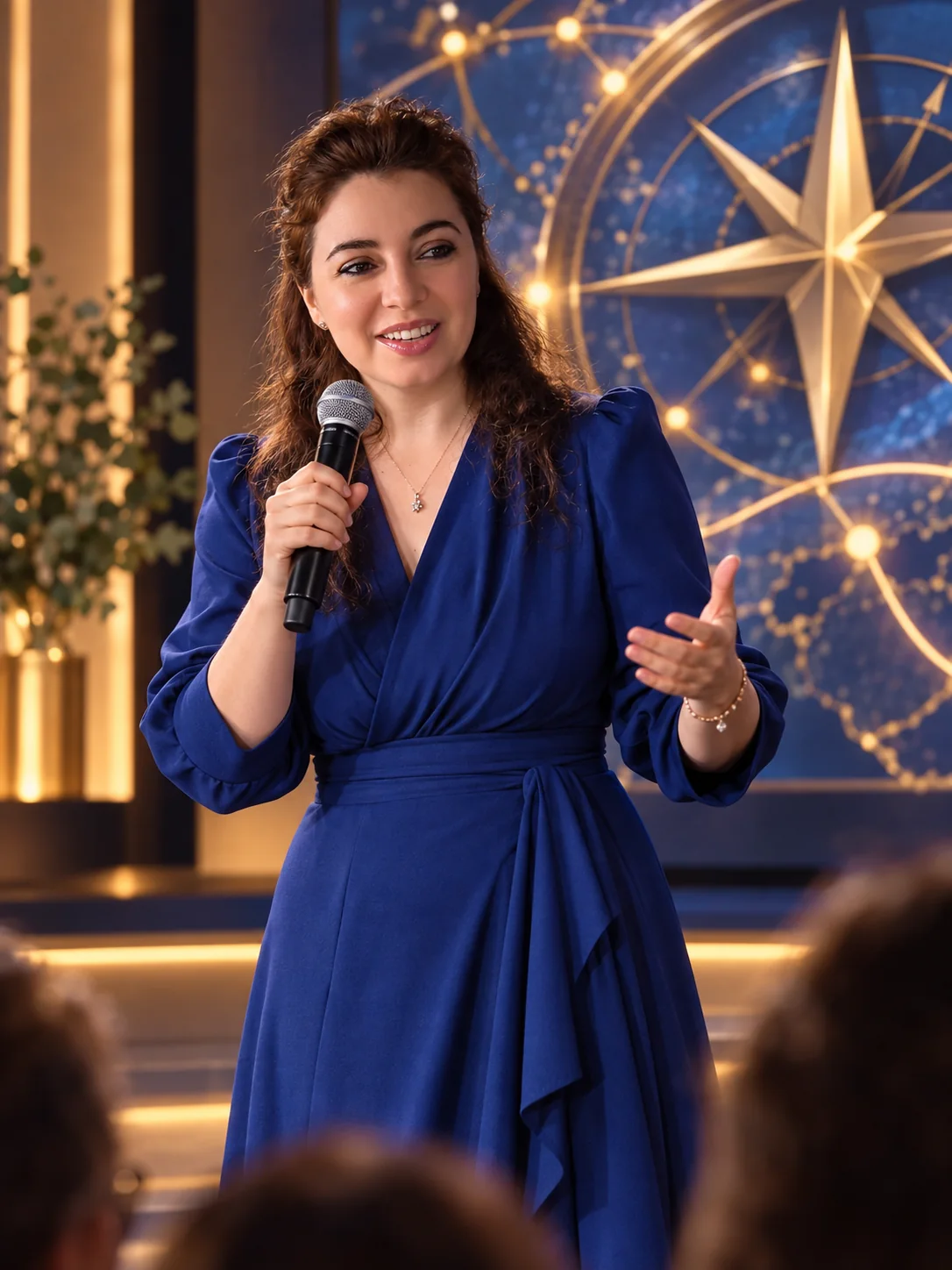 Stella Norsen speaking on stage in front of a compass star