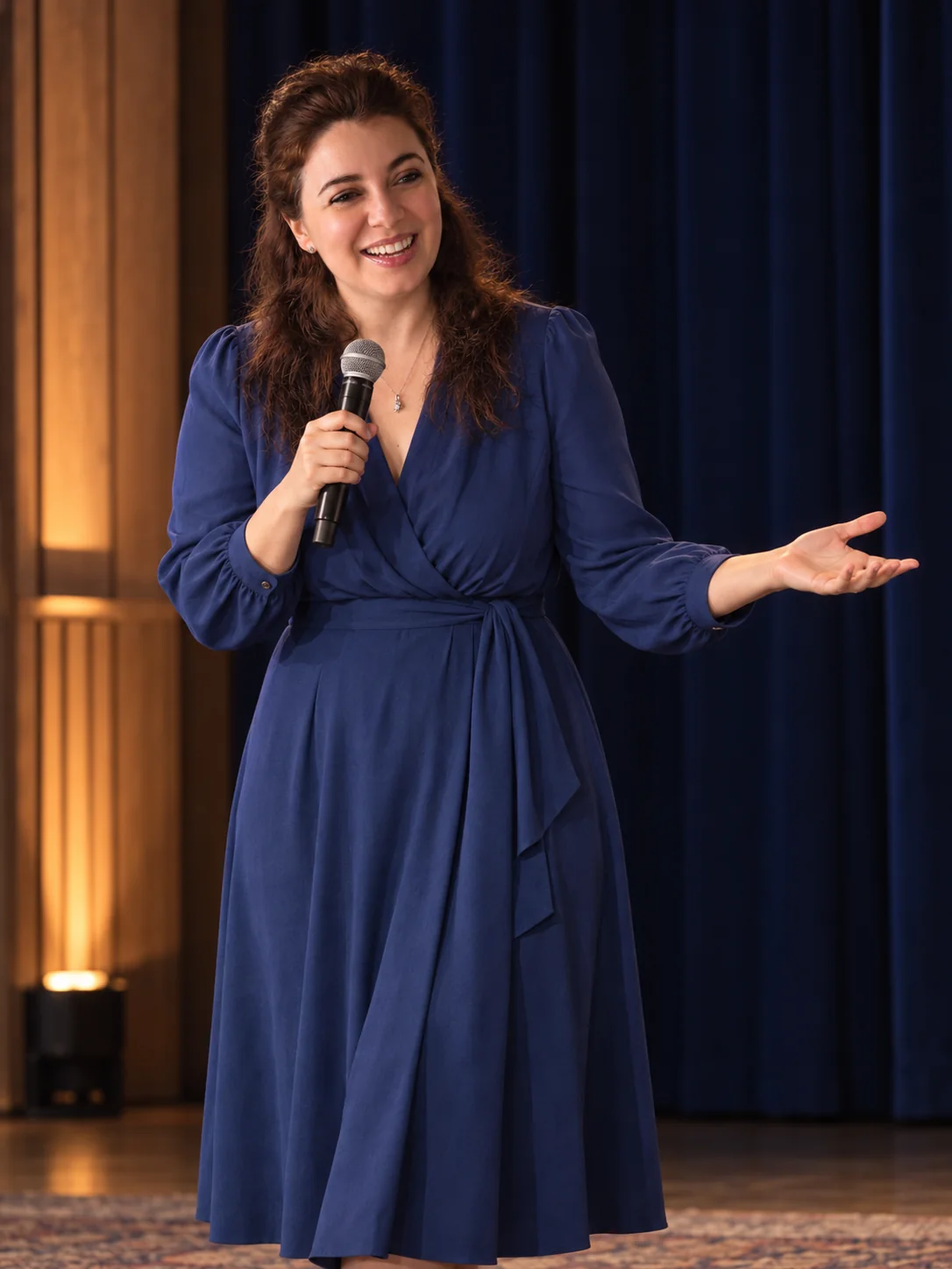 Stella Norsen speaking with a microphone in front of a navy curtain
