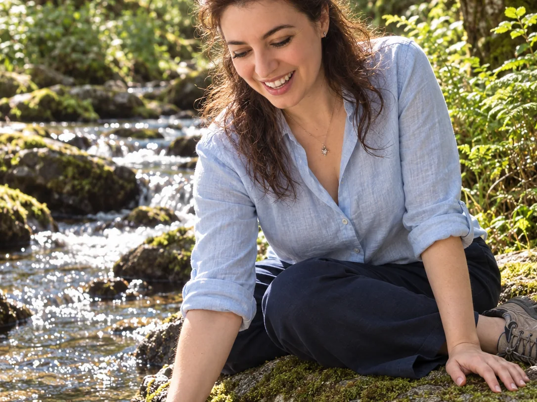 Stella Norsen touching the water of a forest stream