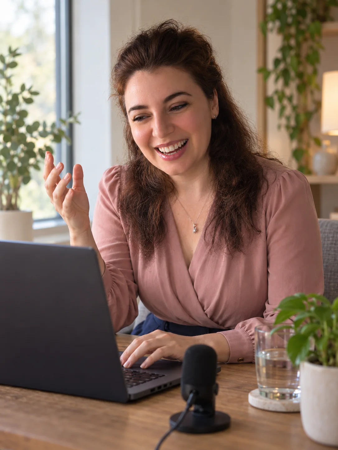 Stella Norsen laughing during a video call at her desk
